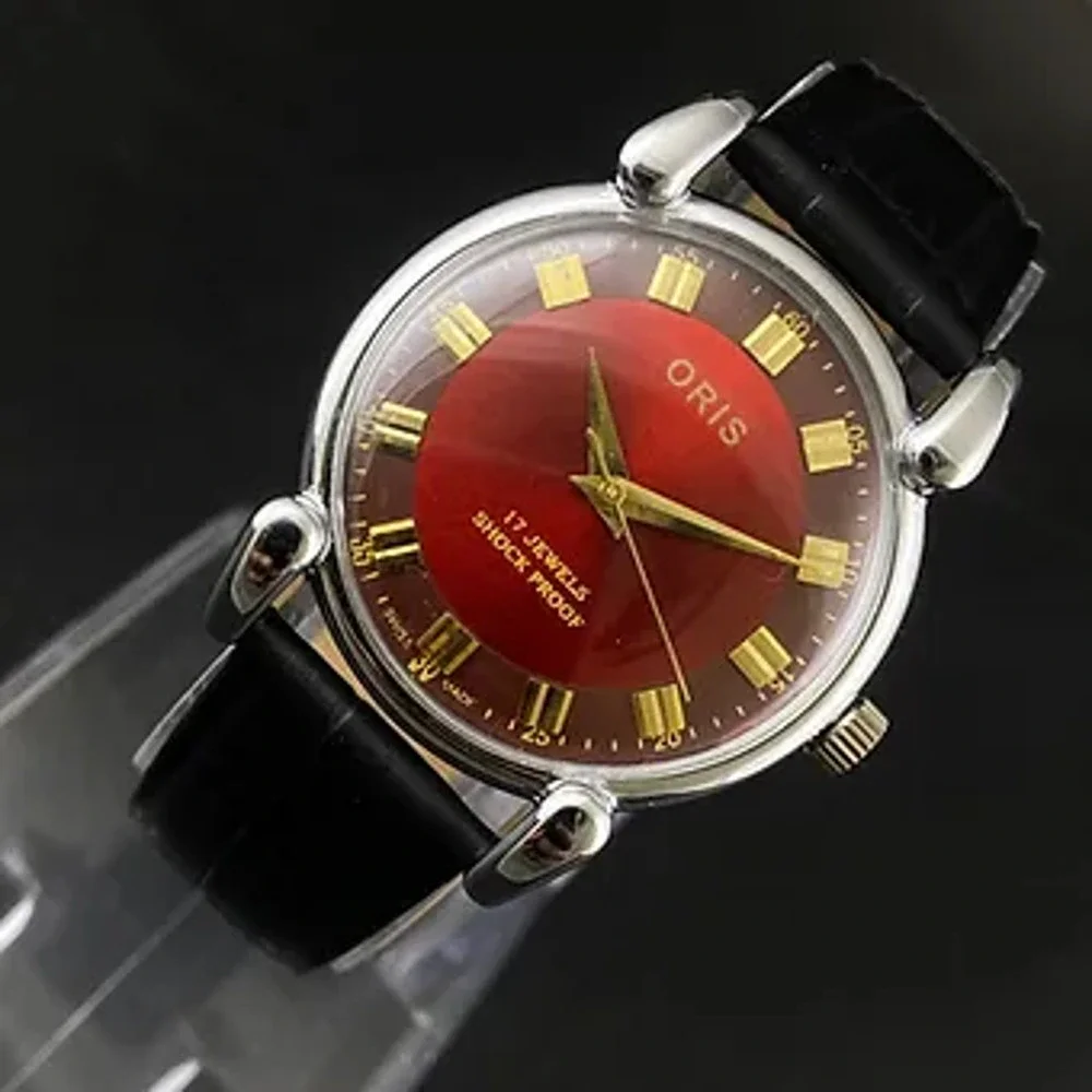 Vintage 1975 Oris Manual Mens Silver Watch W/Leather Strap & Red accents